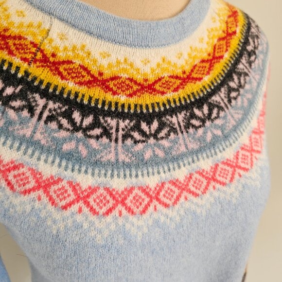 Telluride Blue White Yellow Fair Isle Merino Wool Sweater Sz M - Picture 2 of 8